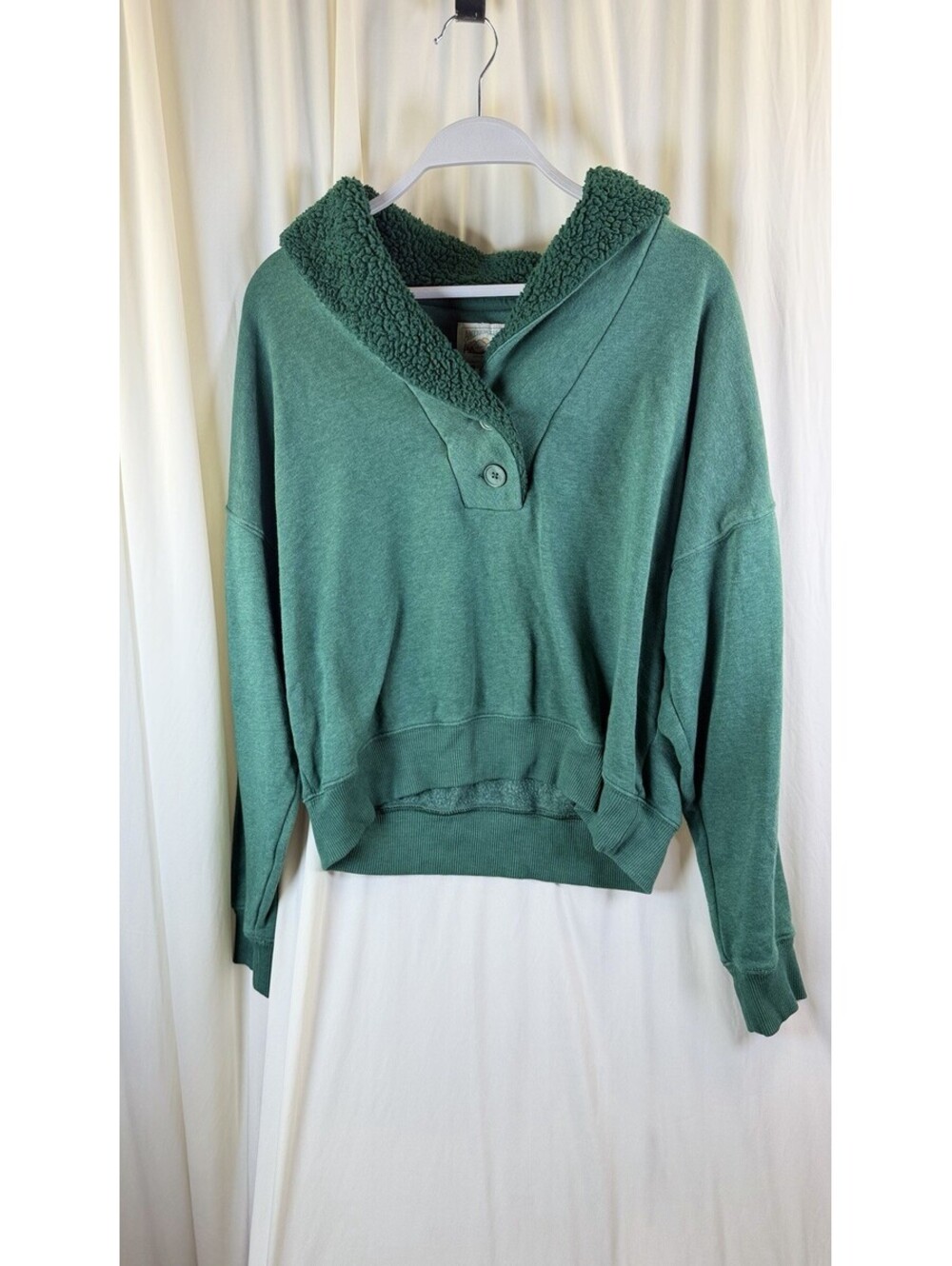 American Eagle Sherpa Collar Pullover Green Henley Button Crop Sz M Oversized